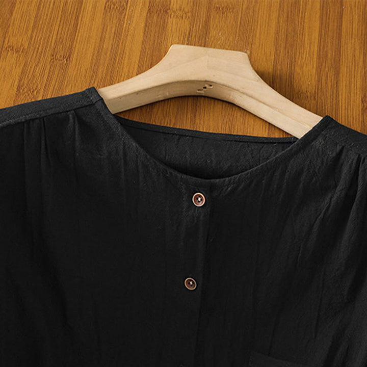 Chemise décontractée en coton et lin à manches mi-longues et boutons unis avec poches pour femme Motif Buddha Stones - image 13