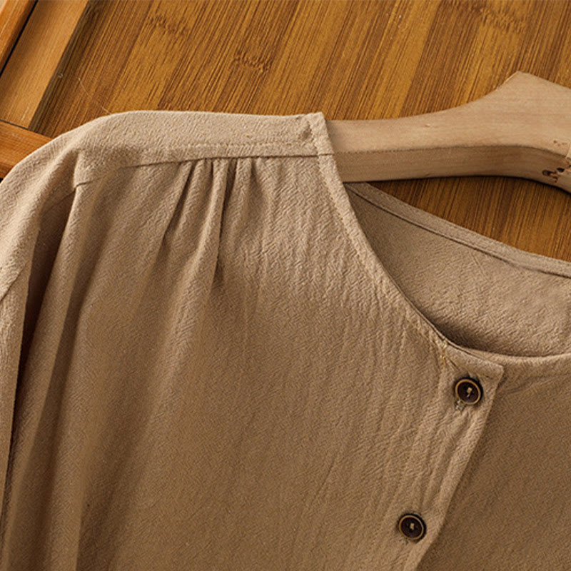 Chemise décontractée en coton et lin à manches mi-longues et boutons unis avec poches pour femme Motif Buddha Stones - image 29