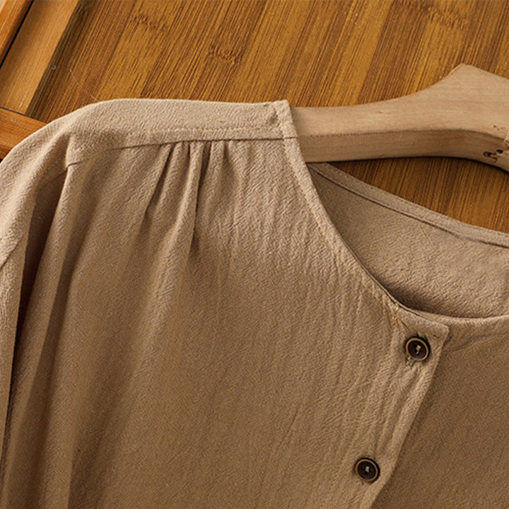 Chemise décontractée en coton et lin à manches mi-longues et boutons unis avec poches pour femme Motif Buddha Stones - image 29