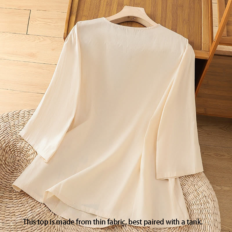 T-shirt à lacets et manches trois-quarts en coton et lin pour femme, broderie rétro Buddha Stones - image 1