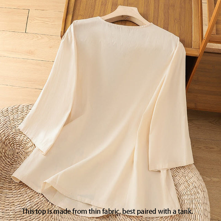 T-shirt à lacets et manches trois-quarts en coton et lin pour femme, broderie rétro Buddha Stones - image 1