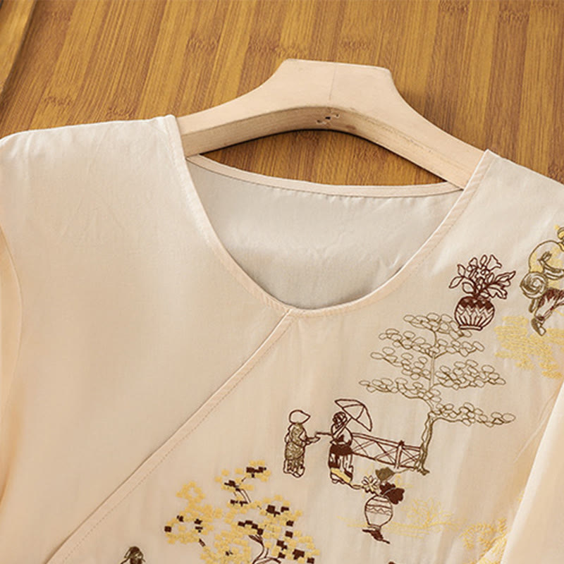 T-shirt à lacets et manches trois-quarts en coton et lin pour femme, broderie rétro Buddha Stones - image 3