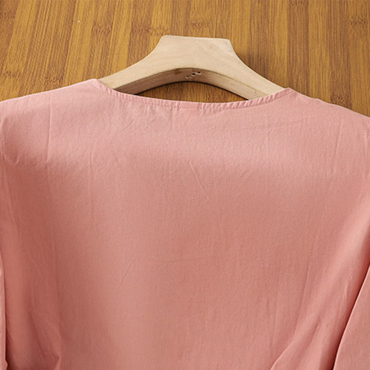 T-shirt à lacets et manches trois-quarts en coton et lin pour femme, broderie rétro Buddha Stones - image 11