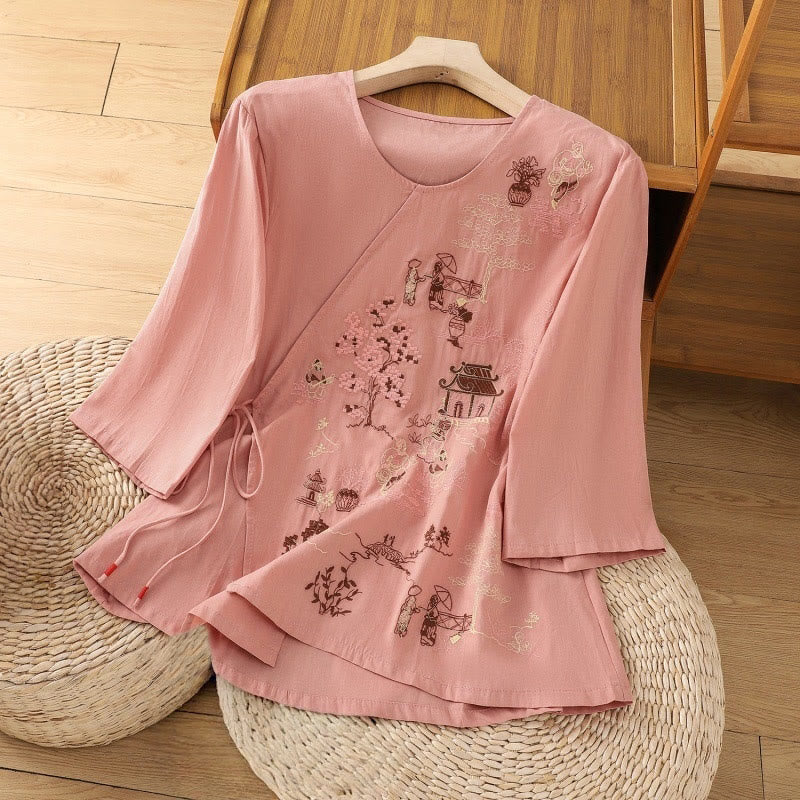 T-shirt à lacets et manches trois-quarts en coton et lin pour femme, broderie rétro Buddha Stones - Saumon - US12，UK/AU16，EU44 (2XL) - image 9