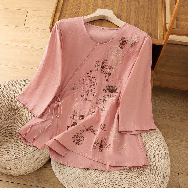 T-shirt à lacets et manches trois-quarts en coton et lin pour femme, broderie rétro Buddha Stones - Saumon - US12，UK/AU16，EU44 (2XL) - image 9