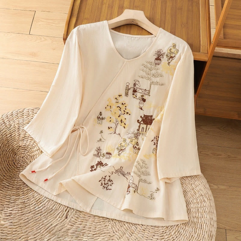 T-shirt femme en coton et lin avec broderie rétro Buddha Stones et lacets - Chiffon au citron - US12，UK/AU16，EU44 (2XL) - image 1