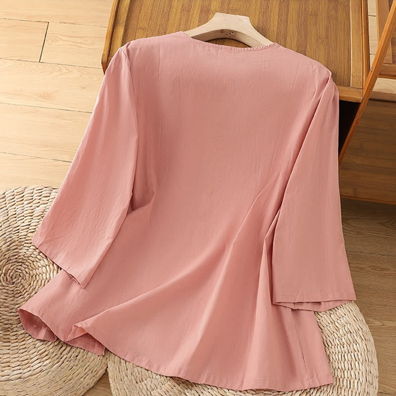 T-shirt à lacets et manches trois-quarts en coton et lin pour femme, broderie rétro Buddha Stones - image 9