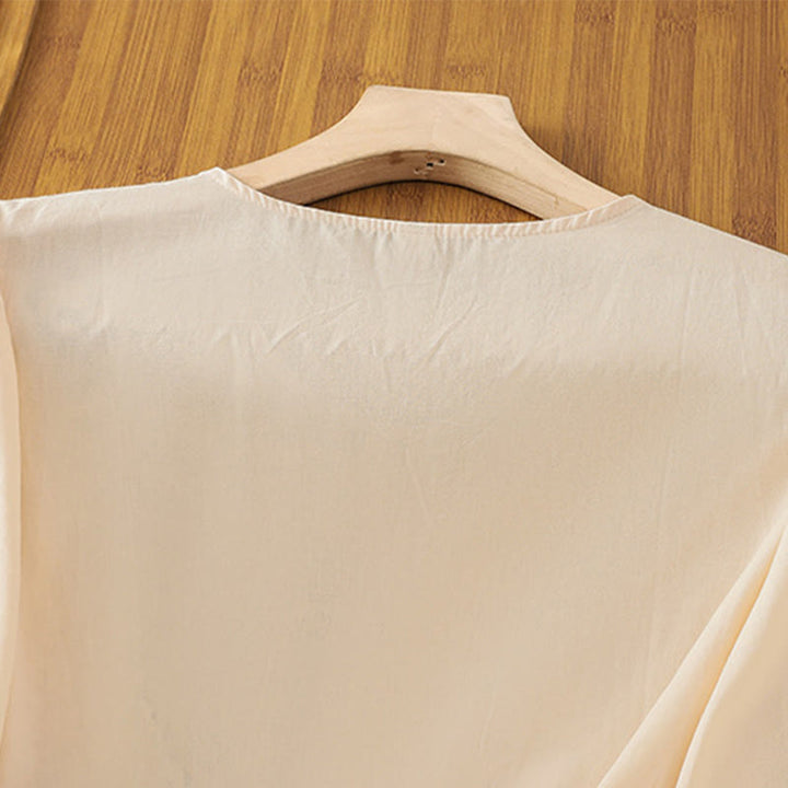 T-shirt à lacets et manches trois-quarts en coton et lin pour femme, broderie rétro Buddha Stones - image 4