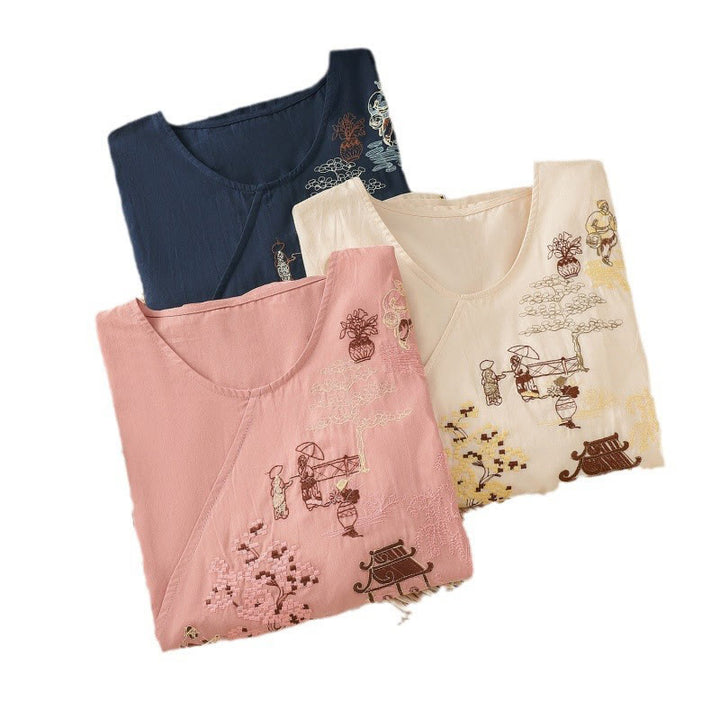 T-shirt à lacets et manches trois-quarts en coton et lin pour femme, broderie rétro Buddha Stones - image 23