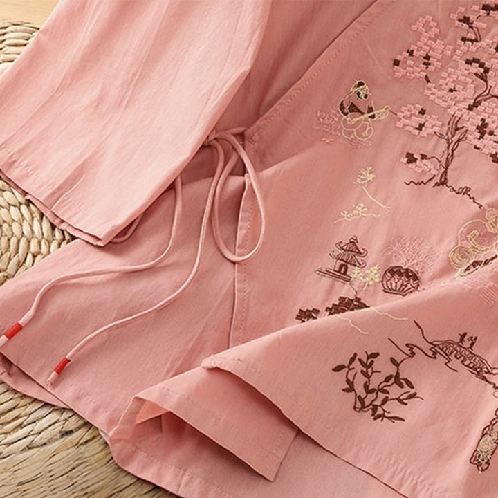 T-shirt à lacets et manches trois-quarts en coton et lin pour femme, broderie rétro Buddha Stones - image 12