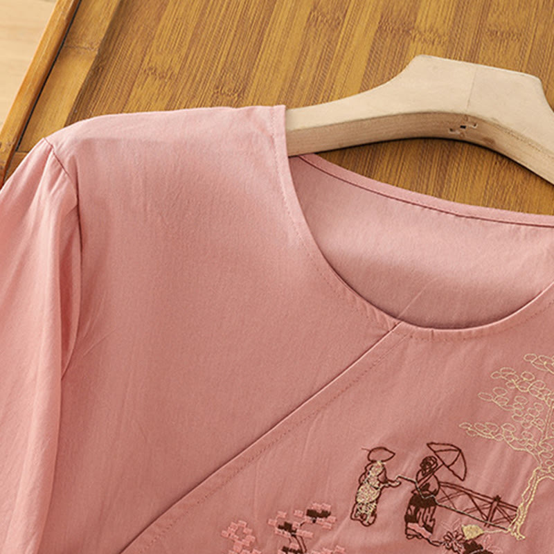 T-shirt à lacets et manches trois-quarts en coton et lin pour femme, broderie rétro Buddha Stones - image 10