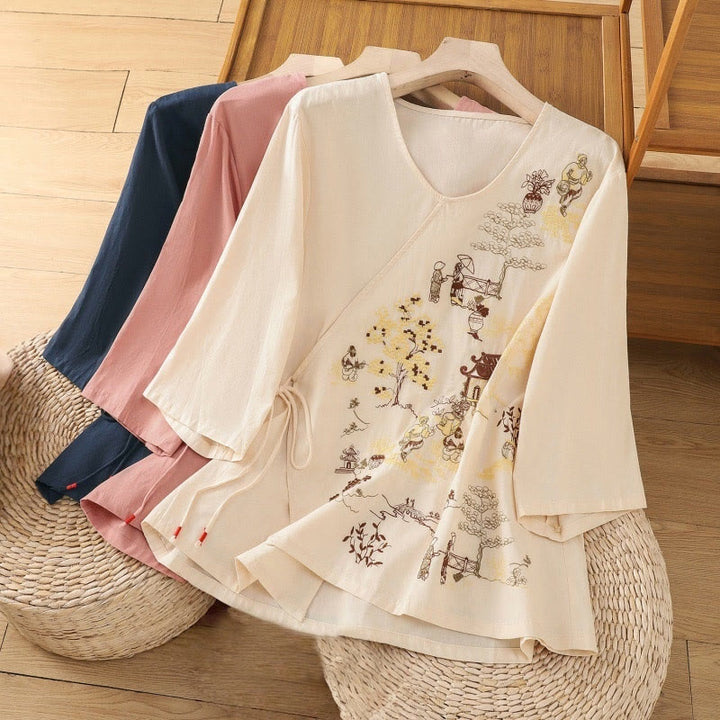 T-shirt à lacets et manches trois-quarts en coton et lin pour femme, broderie rétro Buddha Stones - image 22