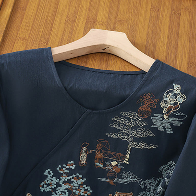 T-shirt à lacets et manches trois-quarts en coton et lin pour femme, broderie rétro Buddha Stones - image 17