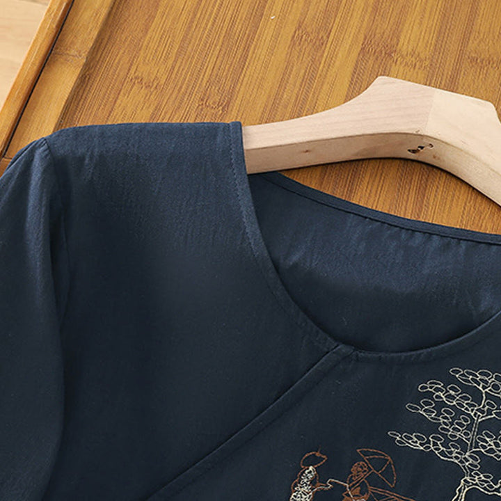 T-shirt à lacets et manches trois-quarts en coton et lin pour femme, broderie rétro Buddha Stones - image 18