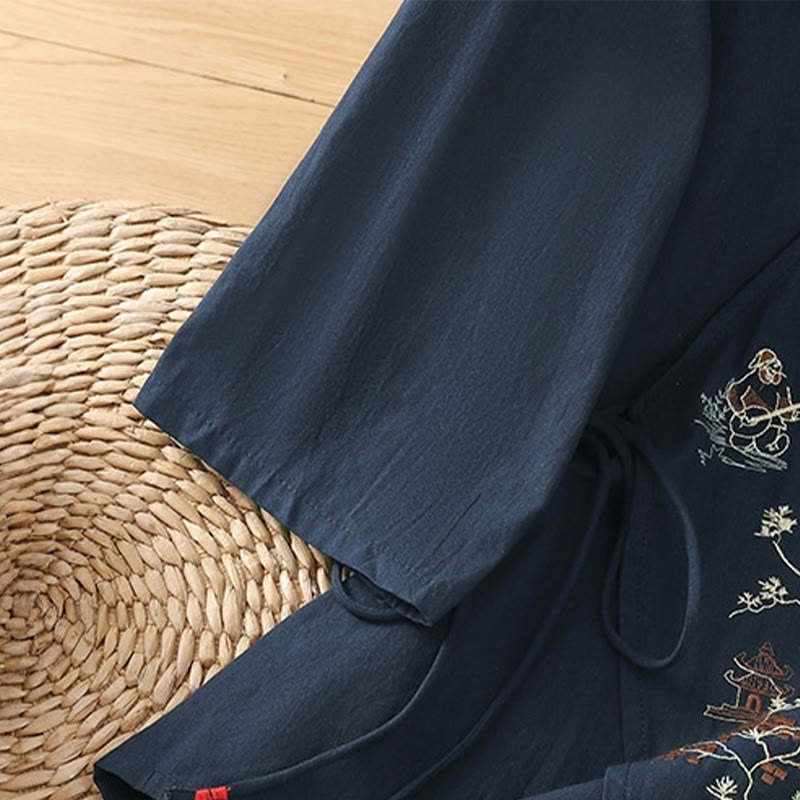 T-shirt à lacets et manches trois-quarts en coton et lin pour femme, broderie rétro Buddha Stones - image 20