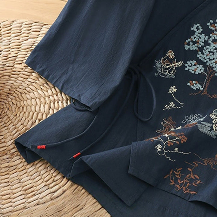 T-shirt à lacets et manches trois-quarts en coton et lin pour femme, broderie rétro Buddha Stones - image 19