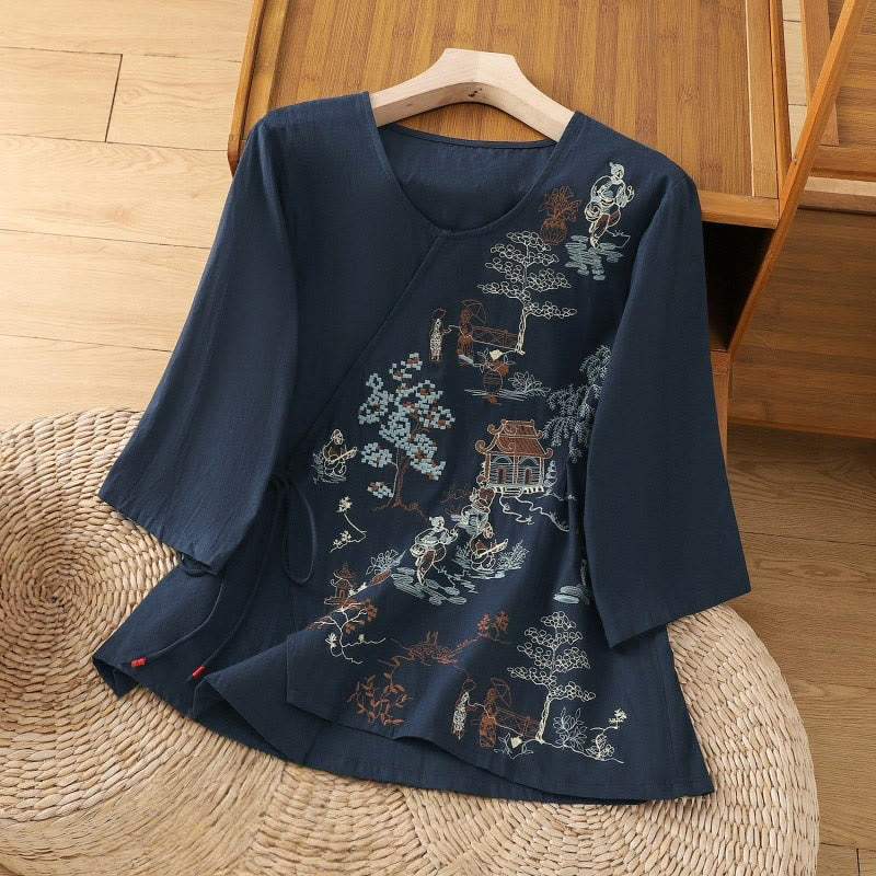 T-shirt à lacets et manches trois-quarts en coton et lin pour femme, broderie rétro Buddha Stones - Bleu nuit - US12，UK/AU16，EU44 (2XL) - image 15