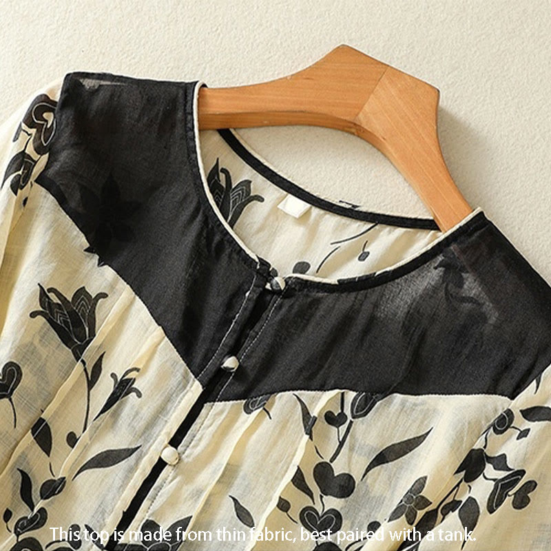 Chemise femme à manches mi-longues et boutons floraux imprimés de Buddha Stones - image 1