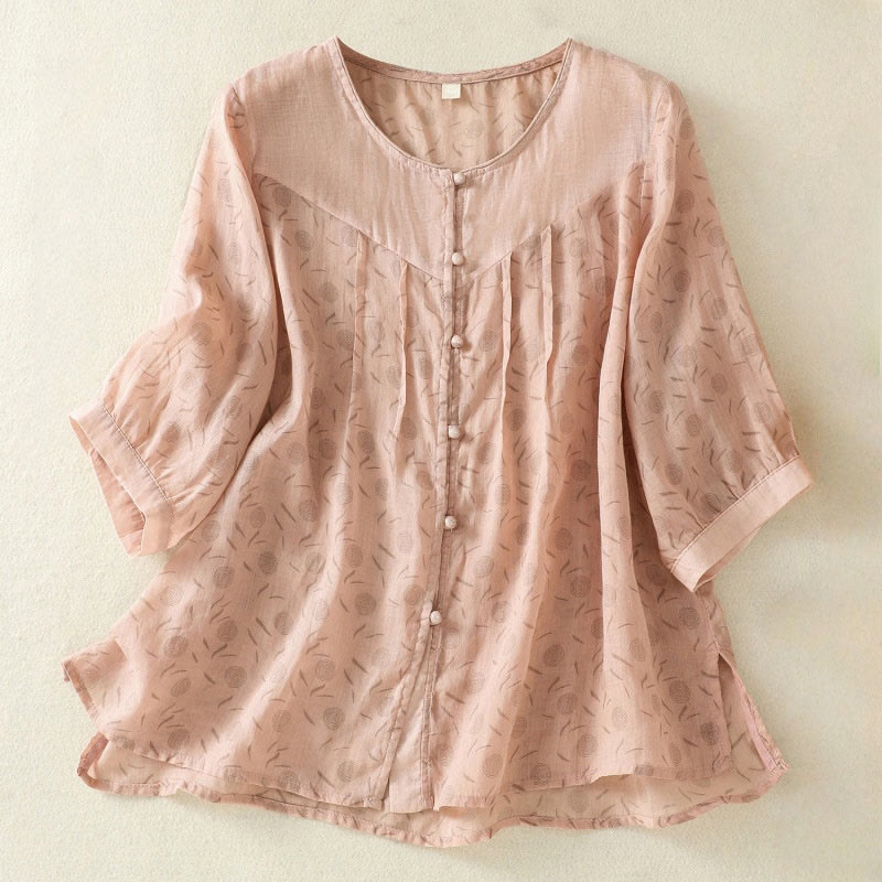 Chemise femme à manches mi-longues et boutons floraux imprimés de Buddha Stones - Saumon foncé - US8-10，UK/AU12-14，EU40-42 (2XL) - image 16