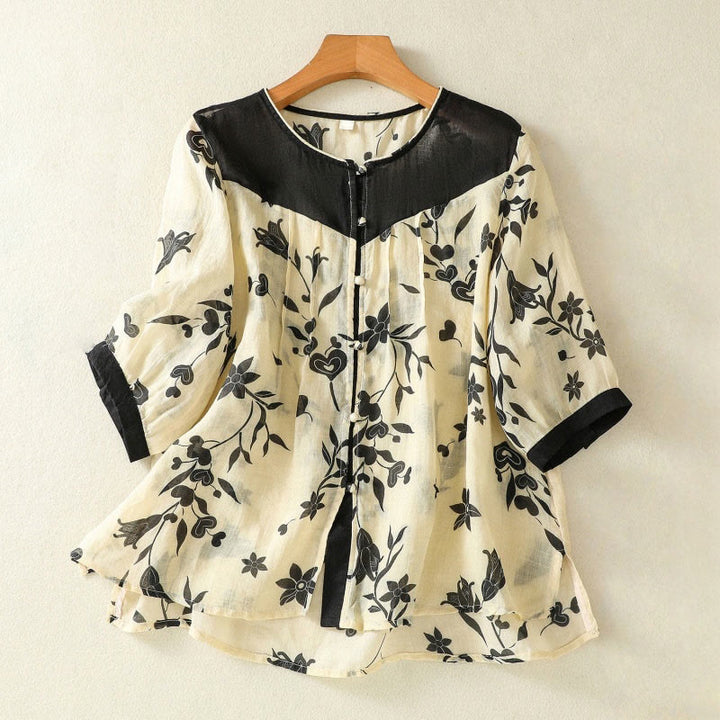 Chemise femme à manches mi-longues et boutons floraux imprimés de Buddha Stones - Noir - US8-10，UK/AU12-14，EU40-42 (2XL) - image 0
