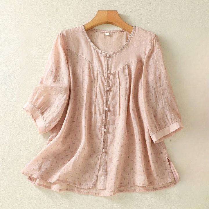 Chemise femme à manches mi-longues et boutons floraux imprimés de Buddha Stones - PeachPuff - US8-10，UK/AU12-14，EU40-42 (2XL) - image 26