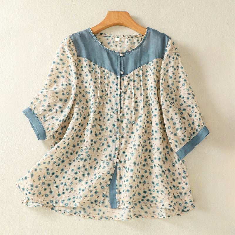 Chemise femme à manches mi-longues et boutons floraux imprimés de Buddha Stones - SteelBlue - US8-10，UK/AU12-14，EU40-42 (2XL) - image 8
