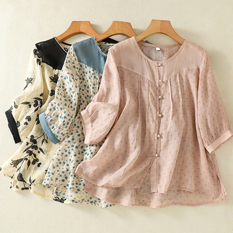 Chemise femme à manches mi-longues et boutons floraux imprimés de Buddha Stones - image 36