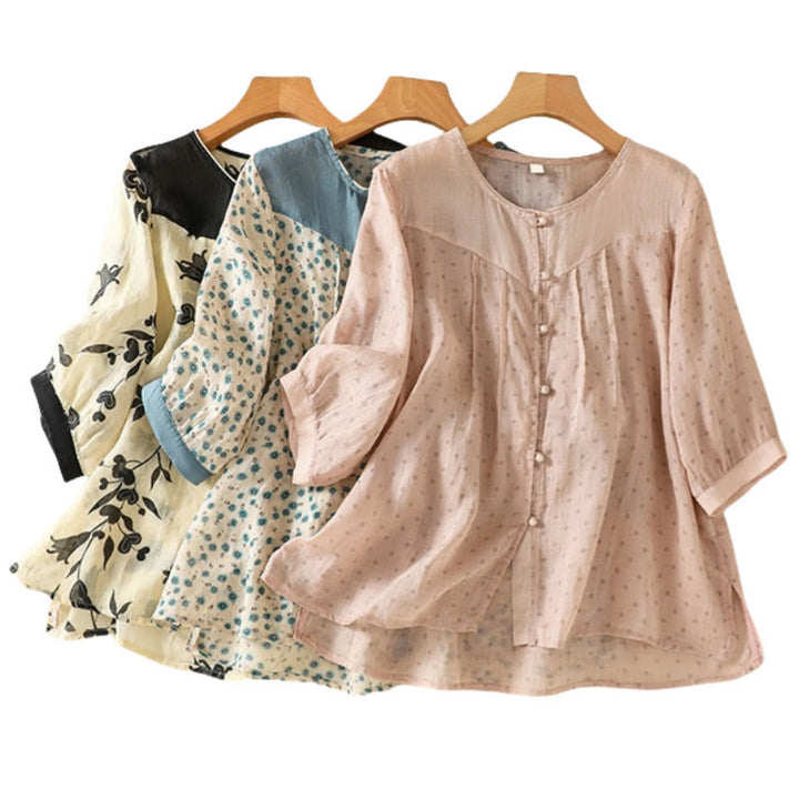 Chemise femme à manches mi-longues et boutons floraux imprimés de Buddha Stones - image 39