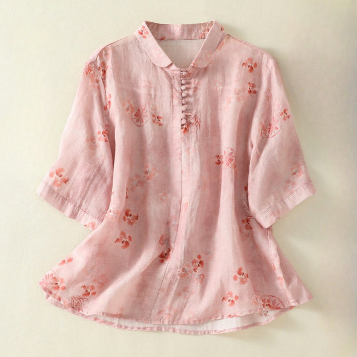 Chemise en coton à manches mi-longues et revers à boutons grenouilles, imprimé Buddha Stones , pour femme - LightCoral - US8-10，UK/AU12-14，EU40-42 (2XL) - image 0