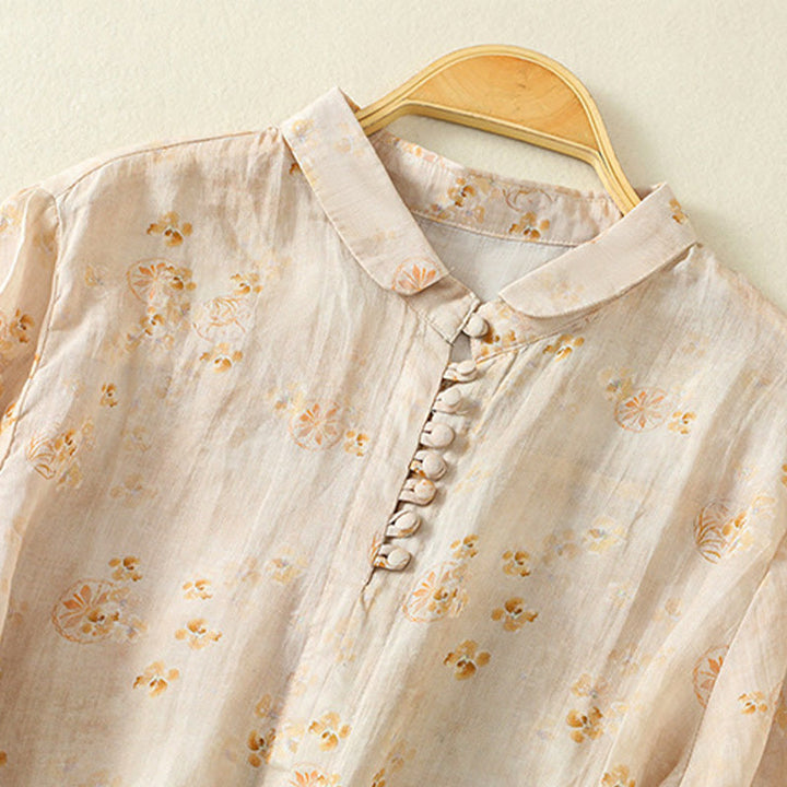 Chemise en coton à manches mi-longues et revers à boutons grenouilles, imprimé Buddha Stones , pour femme - image 10