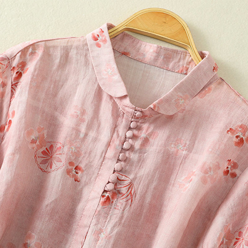 Chemise en coton à manches mi-longues et revers à boutons grenouilles, imprimé Buddha Stones , pour femme - image 2