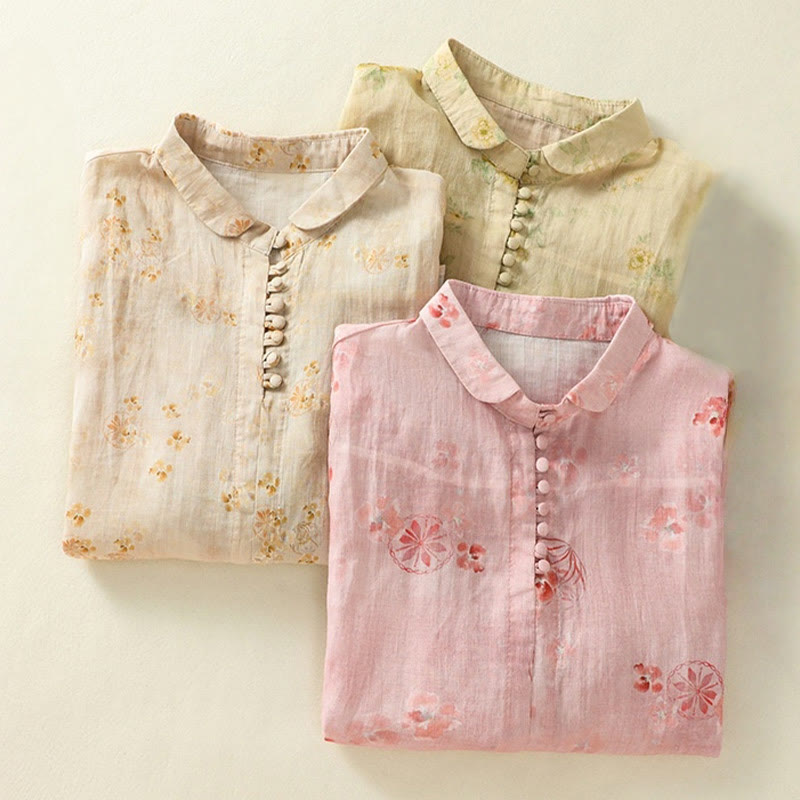 Chemise en coton à manches mi-longues et revers à boutons grenouilles, imprimé Buddha Stones , pour femme - image 23