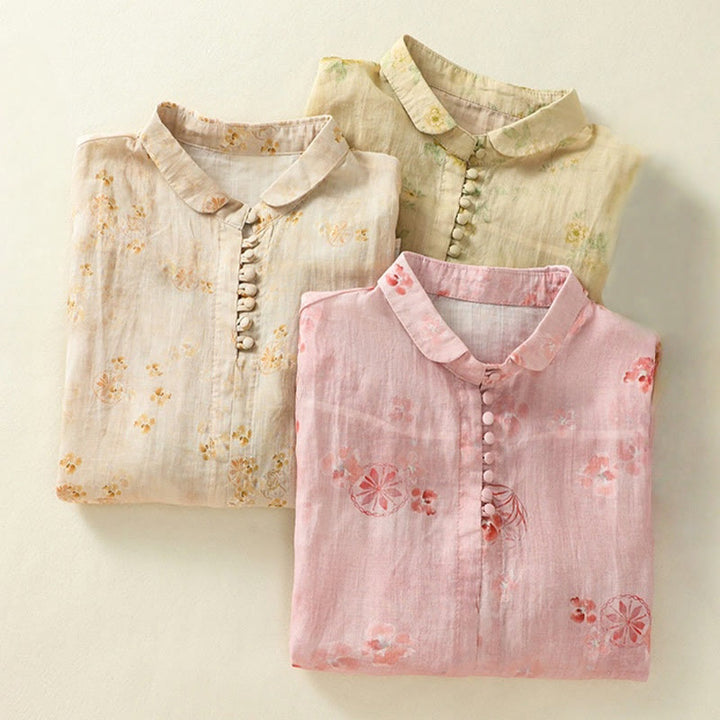 Chemise en coton à manches mi-longues et revers à boutons grenouilles, imprimé Buddha Stones , pour femme - image 23