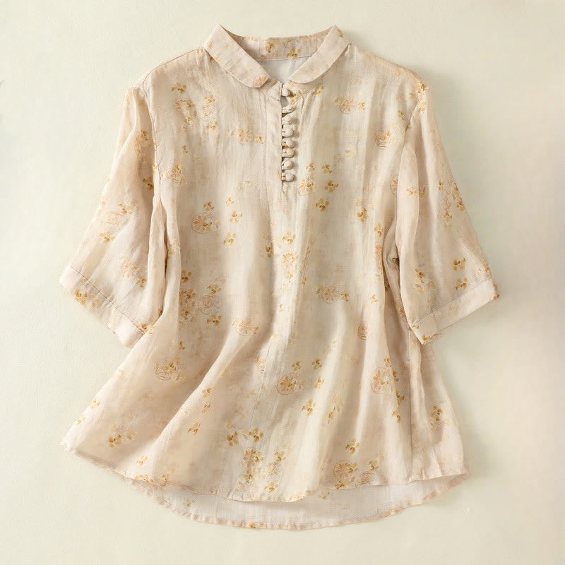 Chemise en coton à manches mi-longues et revers à boutons grenouilles, imprimé Buddha Stones , pour femme - Chiffon au citron - US8-10，UK/AU12-14，EU40-42 (2XL) - image 8