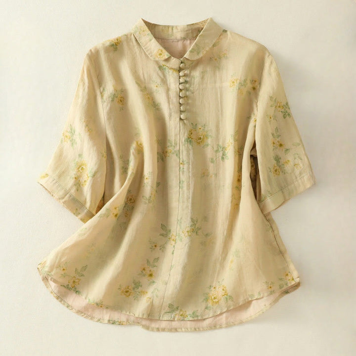 Chemise en coton à manches mi-longues et revers à boutons grenouilles, imprimé Buddha Stones , pour femme - Kaki - US8-10，UK/AU12-14，EU40-42 (2XL) - image 16