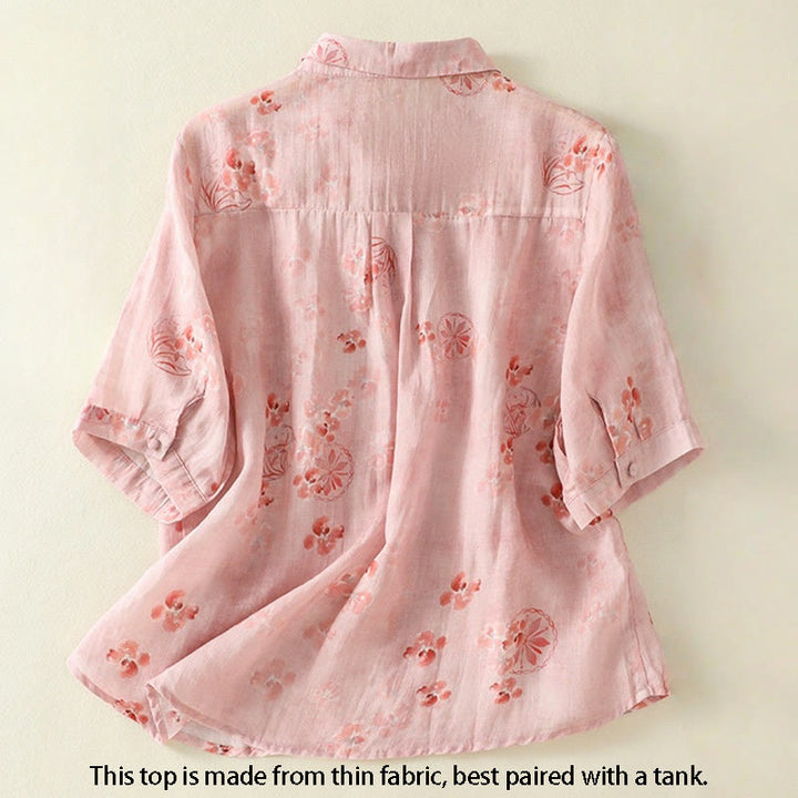 Chemise en coton à manches mi-longues et revers à boutons grenouilles, imprimé Buddha Stones , pour femme - image 1