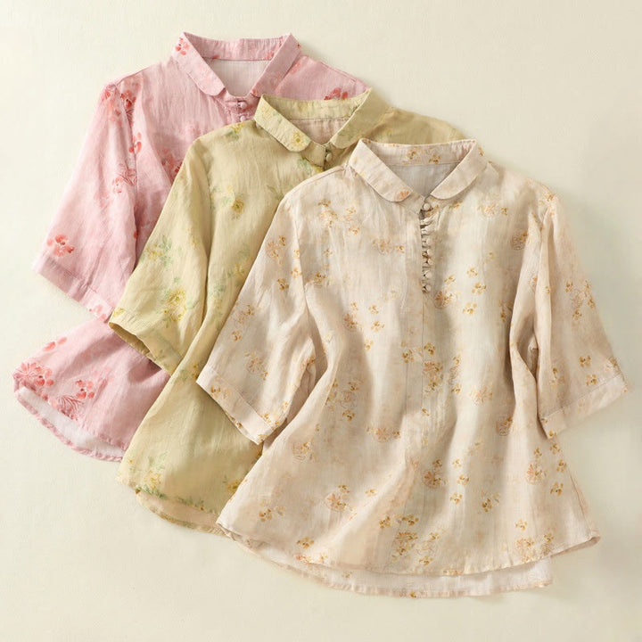 Chemise en coton à manches mi-longues et revers à boutons grenouilles, imprimé Buddha Stones , pour femme - image 22