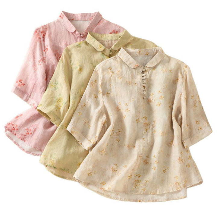 Chemise en coton à manches mi-longues et revers à boutons grenouilles, imprimé Buddha Stones , pour femme - image 24