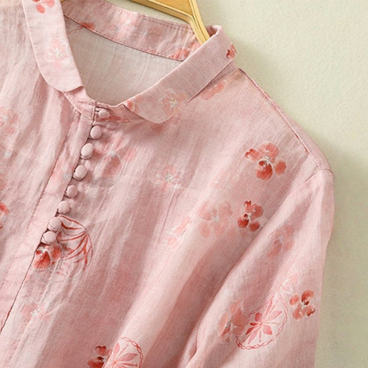 Chemise en coton à manches mi-longues et revers à boutons grenouilles, imprimé Buddha Stones , pour femme - image 3