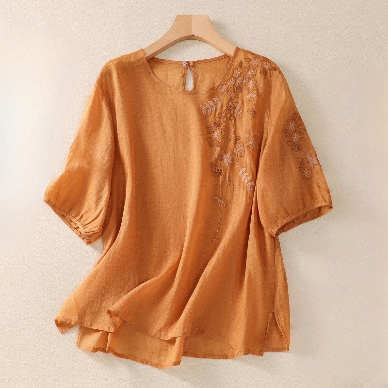 T-shirt à manches mi-longues en coton et lin pour femme, broderie de Buddha Stones , ourlet fleuri fendu - Orange foncé - US14，UK/AU18，EU46 (2XL) - image 10