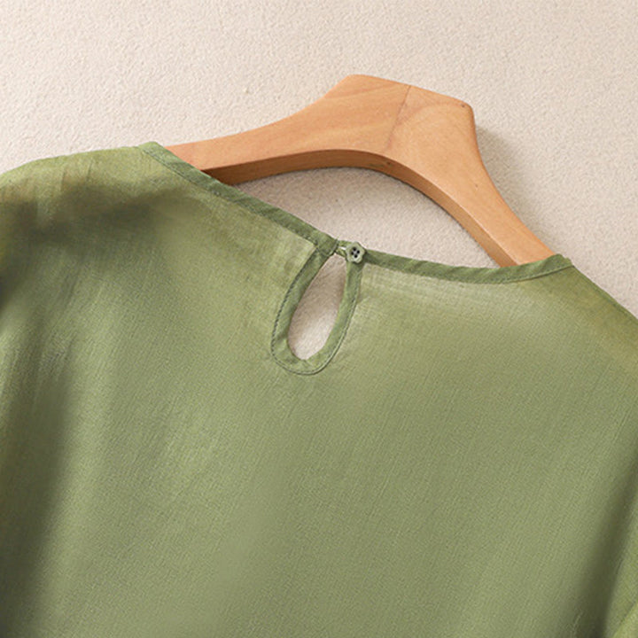 T-shirt à manches mi-longues en coton et lin pour femme, broderie de Buddha Stones , ourlet fleuri fendu - image 3