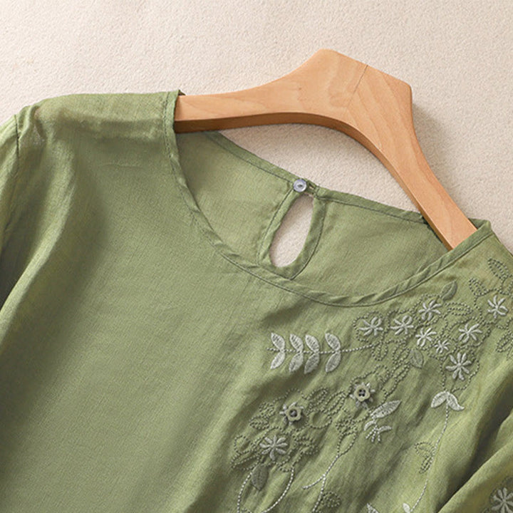 T-shirt à manches mi-longues en coton et lin pour femme, broderie de Buddha Stones , ourlet fleuri fendu - image 3