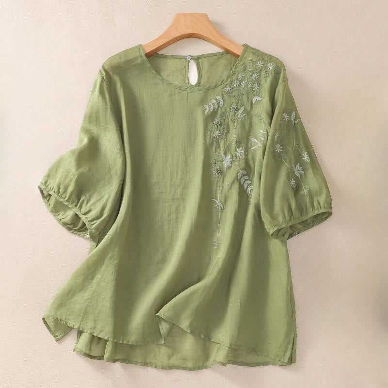 T-shirt en coton et lin pour femme, broderie de Buddha Stones, ourlet fleuri fendu - Vert citron - US14，UK/AU18，EU46 (2XL) - image 1