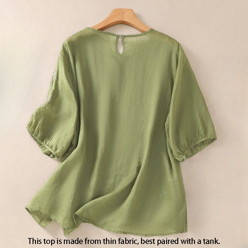 T-shirt à manches mi-longues en coton et lin pour femme, broderie de Buddha Stones , ourlet fleuri fendu - image 1