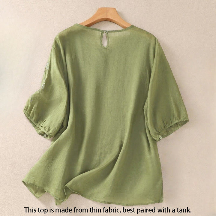 T-shirt à manches mi-longues en coton et lin pour femme, broderie de Buddha Stones , ourlet fleuri fendu - image 1