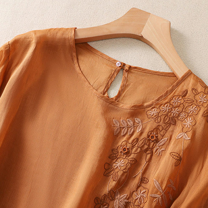 T-shirt à manches mi-longues en coton et lin pour femme, broderie de Buddha Stones , ourlet fleuri fendu - image 11