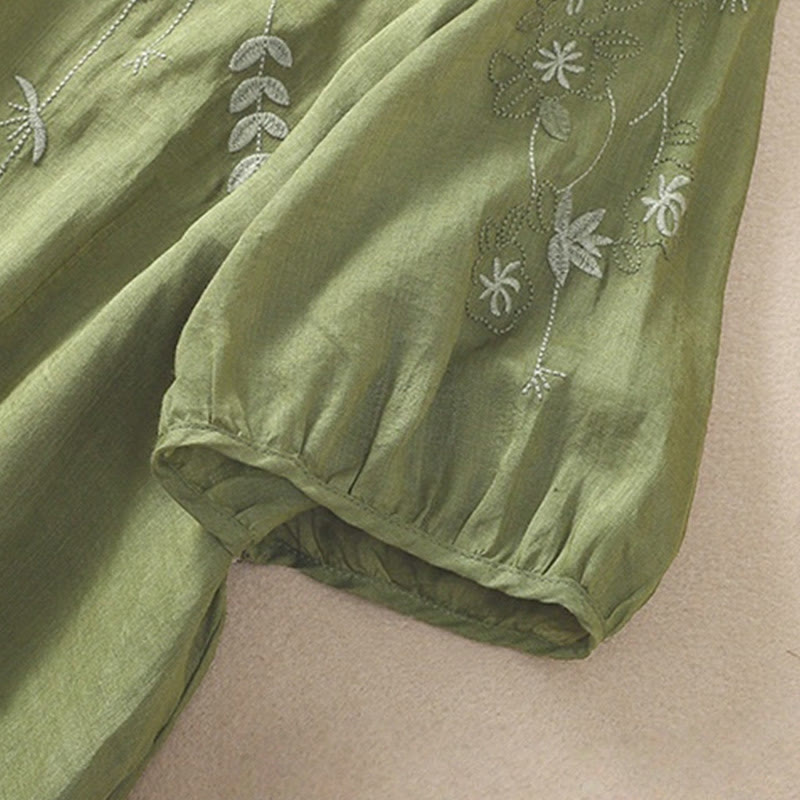 T-shirt à manches mi-longues en coton et lin pour femme, broderie de Buddha Stones , ourlet fleuri fendu - image 5