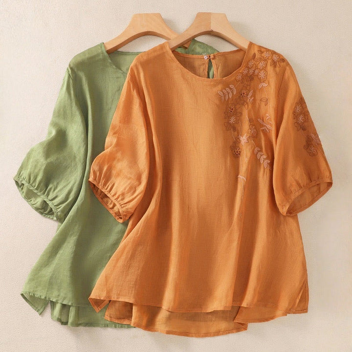 T-shirt à manches mi-longues en coton et lin pour femme, broderie de Buddha Stones , ourlet fleuri fendu - image 20