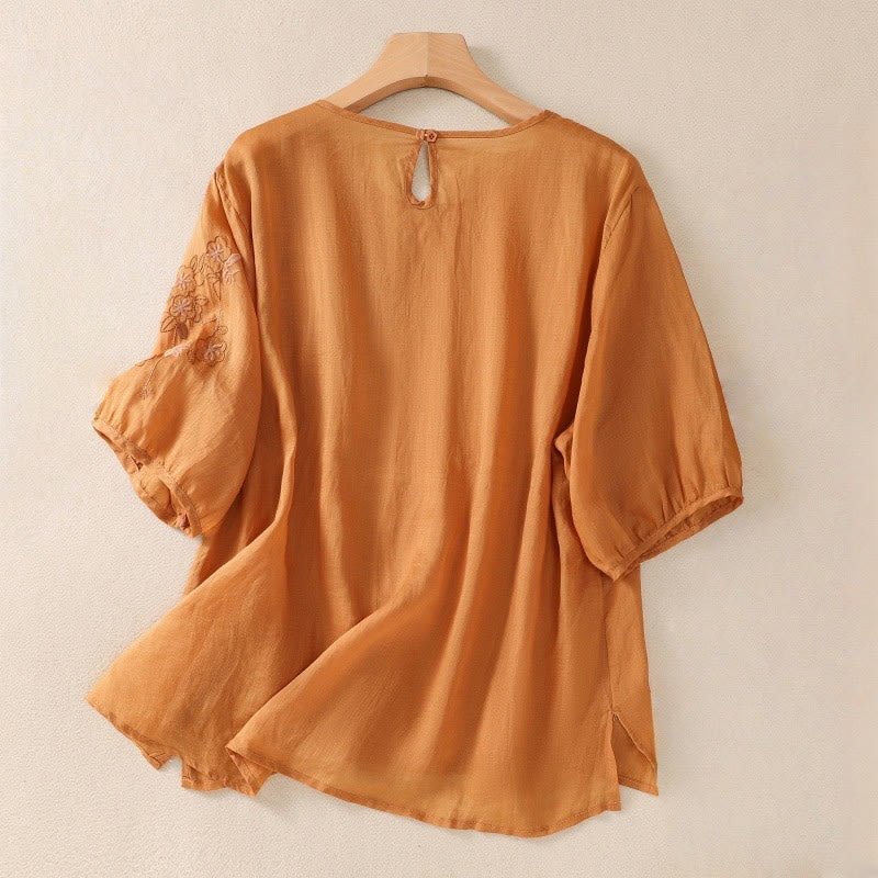 T-shirt à manches mi-longues en coton et lin pour femme, broderie de Buddha Stones , ourlet fleuri fendu - image 10