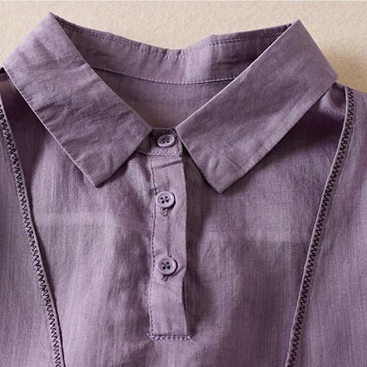 Chemise en coton et lin pour femme, style rétro uni, avec boutons et manches mi-longues, motif Buddha Stones - image 2